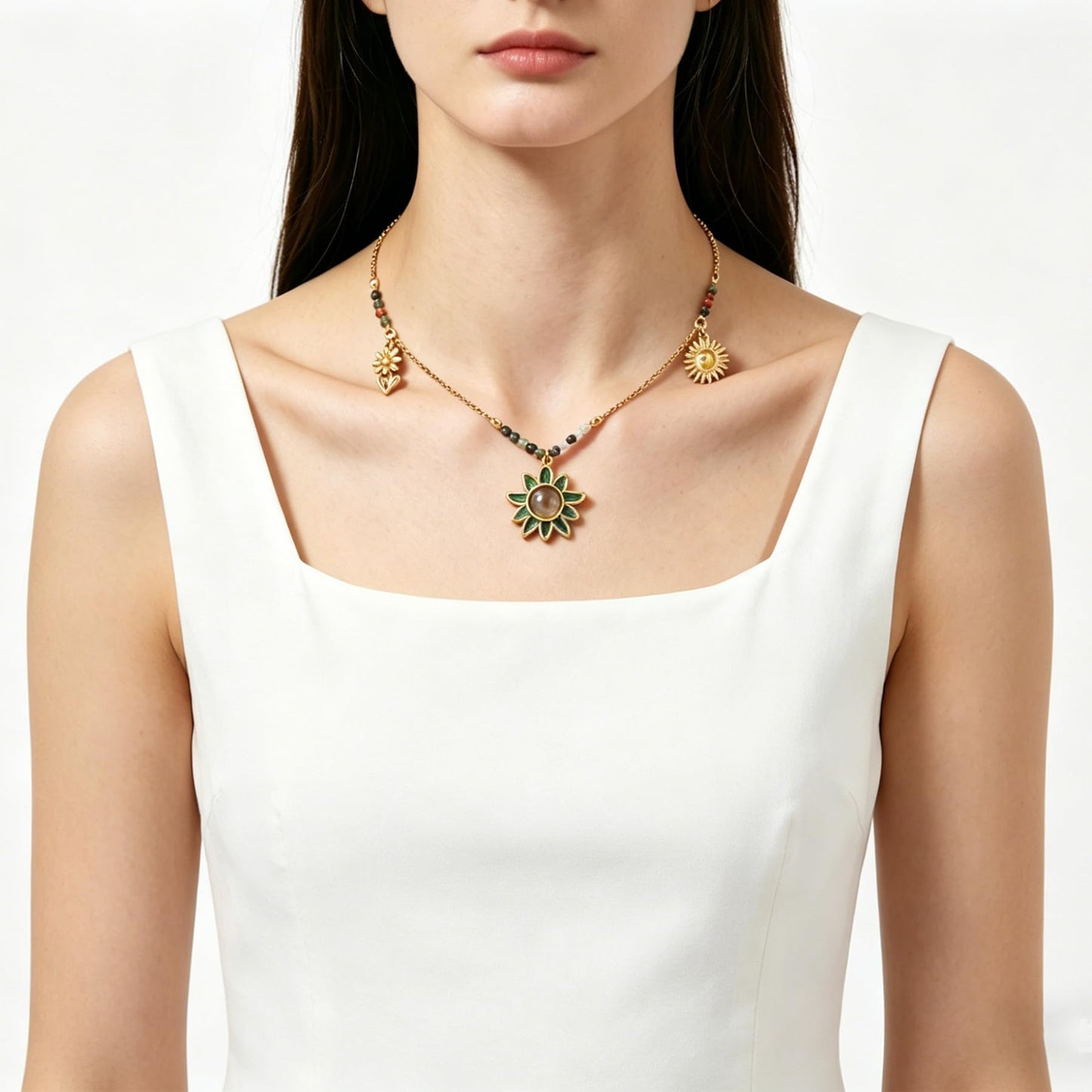 WASAIE Dainty Green Sun flower Pendent Necklace for Women, Trendy Gold Stainless Steel Simple Sunflower Pendant Jewelry Choker Necklace for Party Casual Gift