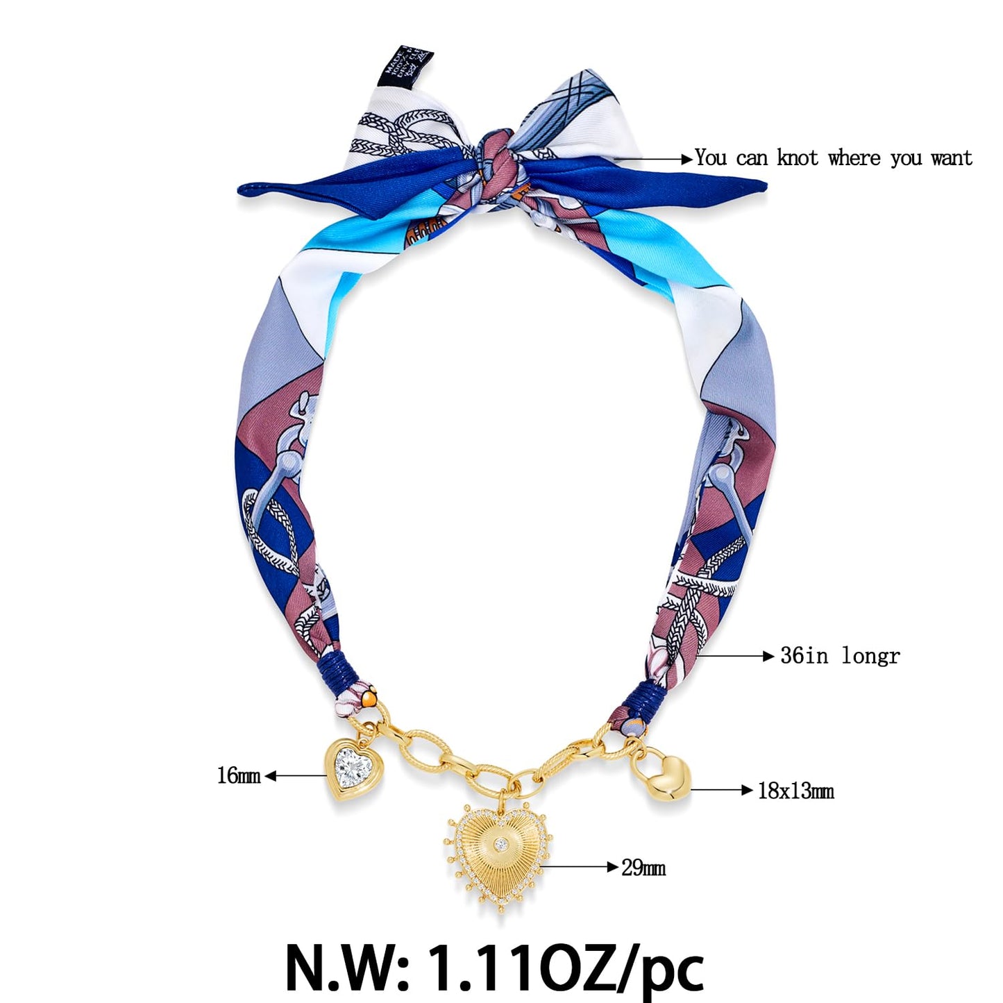 FAUTHENTICUTE Heart Charm Necklace For Women Boho Blue Printed Scarf Necklace Short Summer Statement Necklace Gift Perfect for Western & Boho Styles