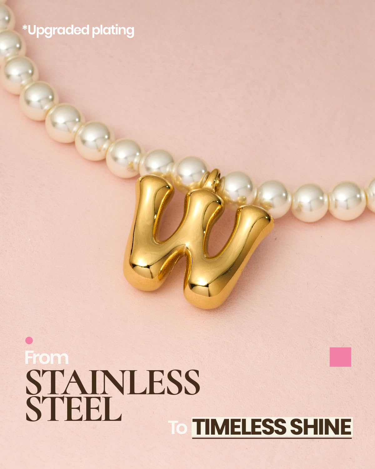 DoDoBeads Pearl Initial Necklace, 18K Gold Plated Stainless Steel Balloon Letter Pendant W, Non-Tarnish Waterproof Chunky Monogram Jewelry Gifts for Women Teens