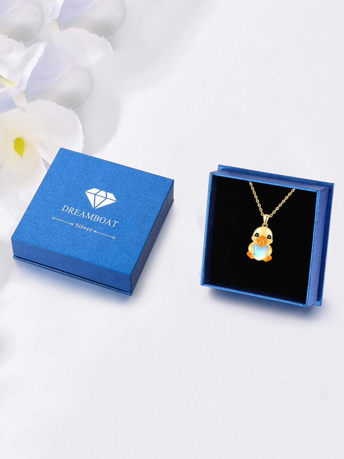 Dreamboat Duck Pendant Necklace for Women 925 Sterling Silver 14K Gold Plated Moonstone Ducks Animal Jewelry Gifts