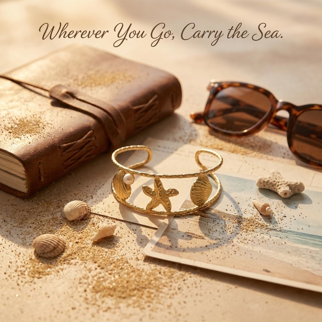 MystiGlimmer Starfish Open Cuff Bracelet for Women 18K Gold Plated Stainless Steel, Adjustable Ocean-Inspired Arm Cuff, Waterproof, Hypoallergenic Beach Jewelry Gift