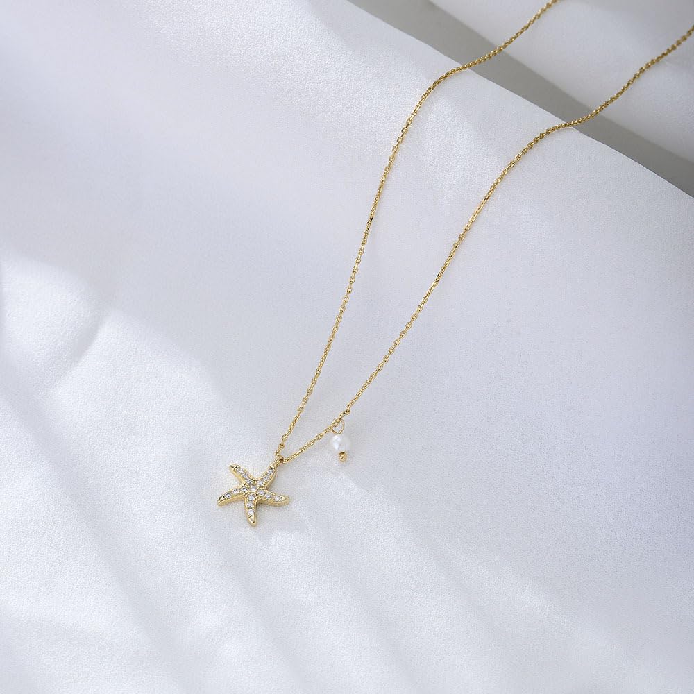 S925 Sterling Silver Starfish Necklace with Fresh Water Pearl, Sparkling Pave Zirconia Sea Star Pendant, Dainty 14K Gold Plated Asymmetric Choker, Ocean Beach Inspired Jewelry Gift for Women (Gold)