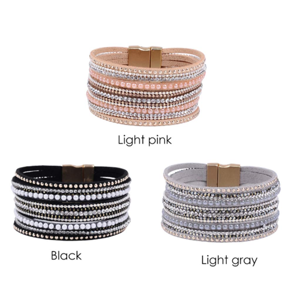 Artilady Leather Bracelet for Women-Boho Wrap Cuff Bracelets Multi Layered Crystal Bead Bangle Bracelets With Magnetic Clasp Jewelry for Women