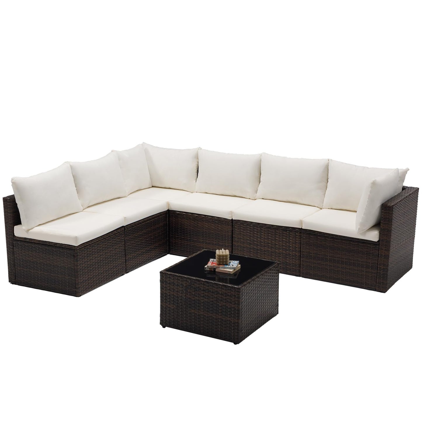 Sweetcrispy 7-Piece Outdoor Patio Sectional Sofa, Modular PE Wicker Outdoor Sectional with Thick Cushions, Rattan Patio Sofa Set with Coffee Table for Backyard, Poolside, Garden, Deck, Brown