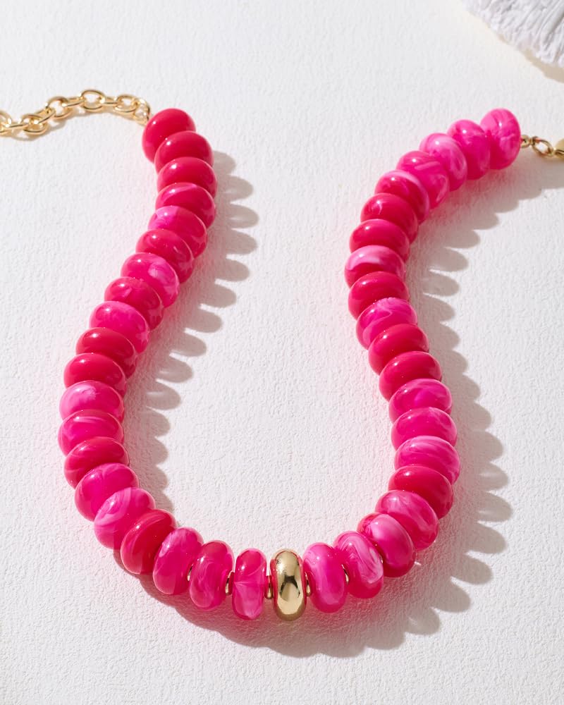 FAUTHENTICUTE Hot Pink Beaded Choker Necklace For Women Large Fuchsia Red Bead Strand With Gold Accent Adjustable Chunky Collar Statement Trendy y2k Necklace for Summer Beach Boho Jewelry Gift