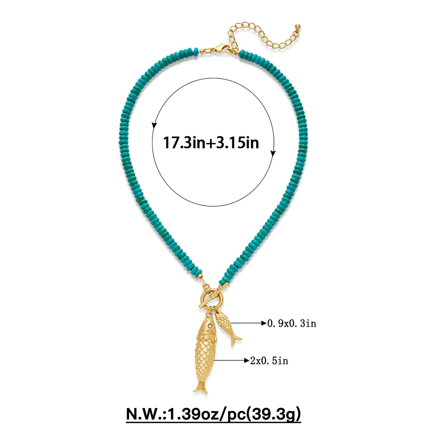 MYCUTEY Gold Fish Necklace For Women Vintage-inspired Turquoise Strand Toggle Necklace With 2 Chunky Gold Fish Pendants Dainty Summer Beach Jewelry