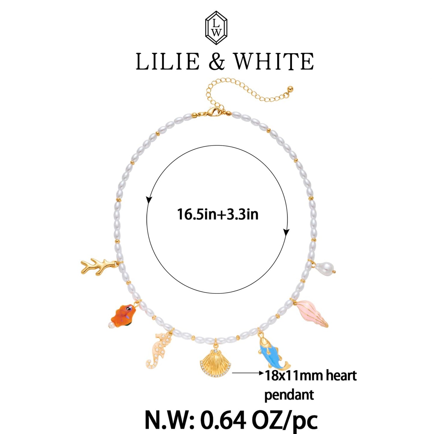LILIE&WHITE Sea Shell Necklace For Women Gold Charms Necklace Seahorse Seashell Bead Pearl Necklaces Little Fish Conch Pendants Summer Beach Necklaces Jewelry
