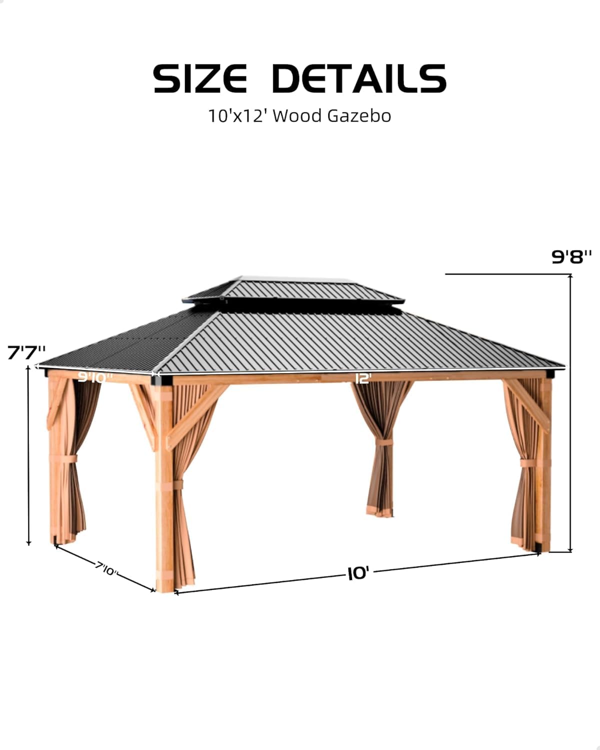 10x12 FT Hardtop Wooden Gazebo with Galvanized Steel Double Roof, Aluminum Frame, Mosquito Netting & Curtains – Durable Outdoor Pavilion for Patio, Backyard, Deck & Lawn