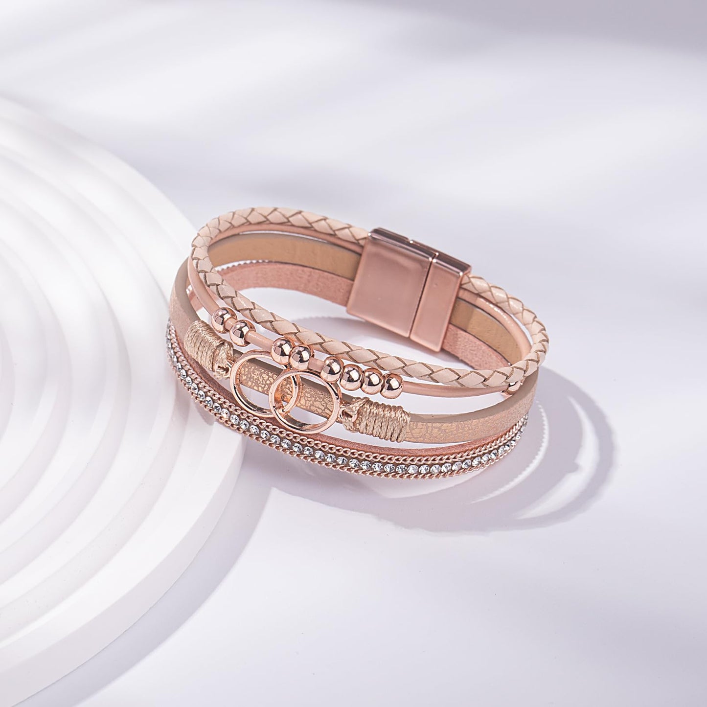 FANCY SHINY Boho Leather Wrap Bracelet Stackable Beaded Infinity Chunky Cuff Bracelets with Magnetic Clasp Western Hippie Outfits Jewelry Gifts for Women(Rose Gold)