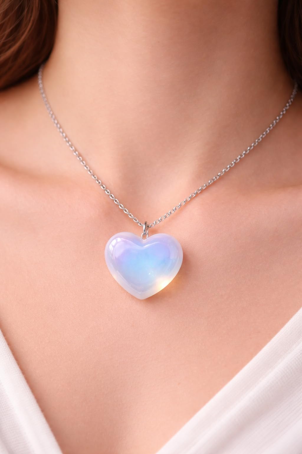 Opalite Neck lace - Healing Crystal Neck lace with Opalite Heart by Taylor - Elegant Jewelry for Energy Balance and Spiritual Healing - Gift for Women on Mothers Day, Christmas, Valentine (Puffy Heart)