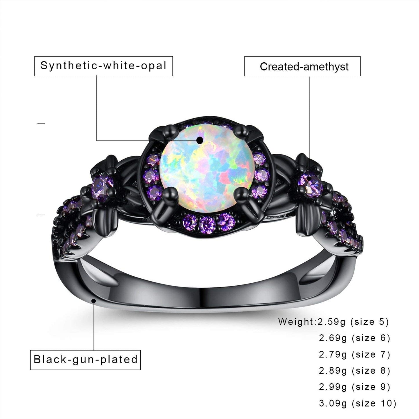 18K Black Gold Plated White Fire Opal Rings for Women October's Birthstone Gemstone Created Amethyst Eternity Wedding Engagement Promise Band (7)