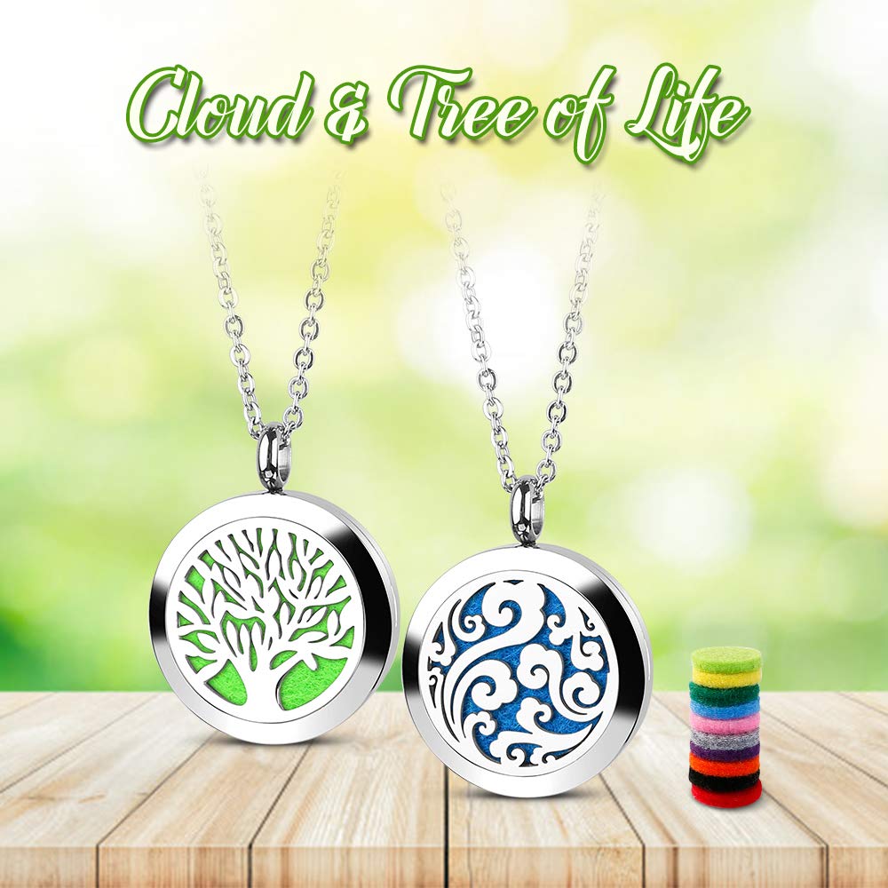RoyAroma 2PCS Aromatherapy Essential Oil Diffuser Necklace Two Patterns Pendant Locket Jewelry,23.6" Adjustable Chain Stainless Steel Perfume Necklace Gift for Mother's Day