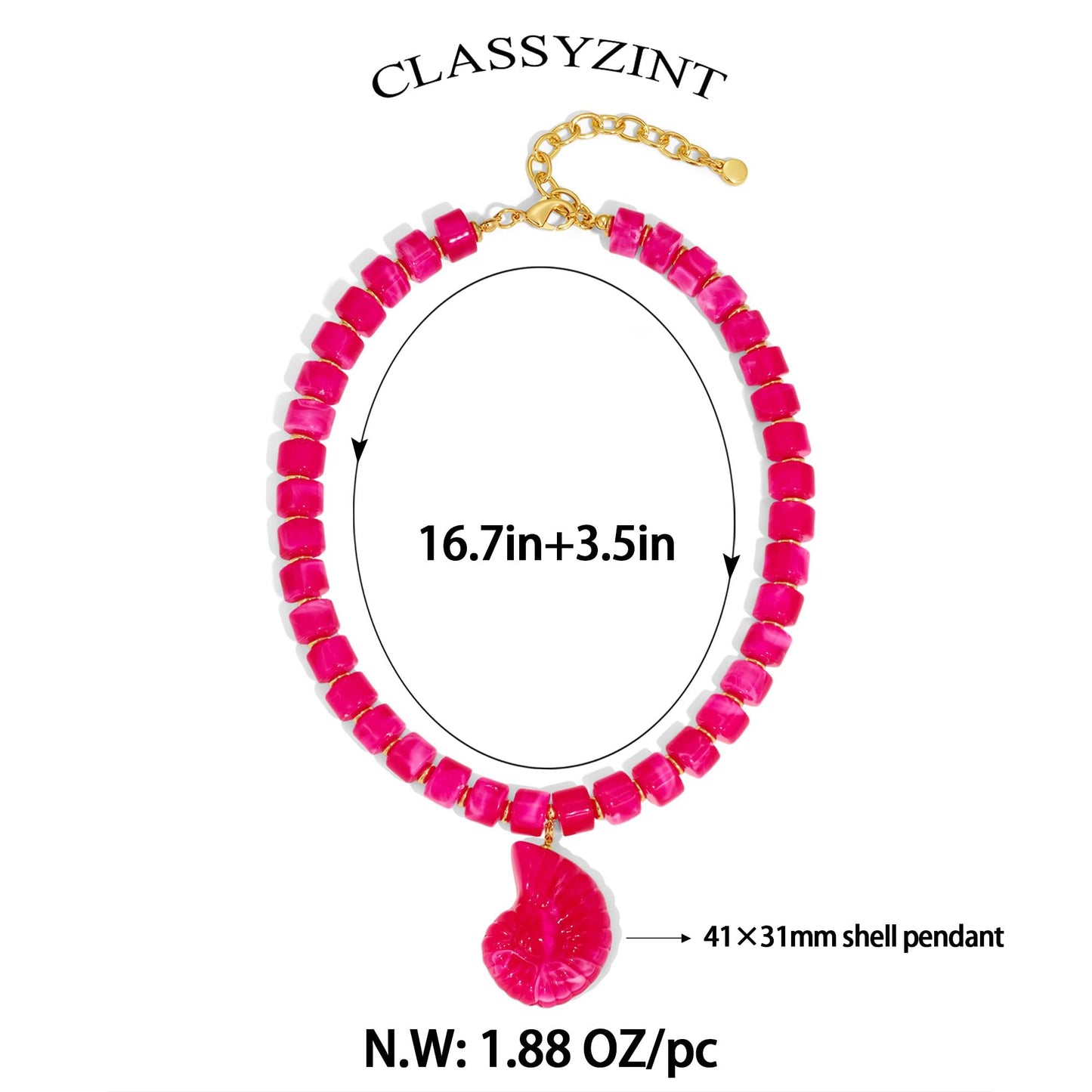 CLASSYZINT Beaded Necklace for Women Hot Pink Shell Necklace Summer Everyday Party Accessory