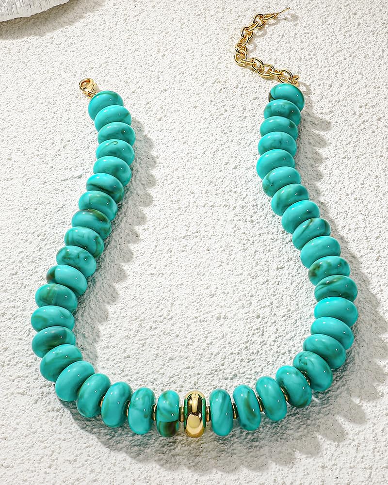FAUTHENTICUTE Chunky Turquoise Necklace for Women Big Blue Acrylic Beaded Choker Necklace Summer Beach Statement Necklace Gift Trendy Boho Jewelry