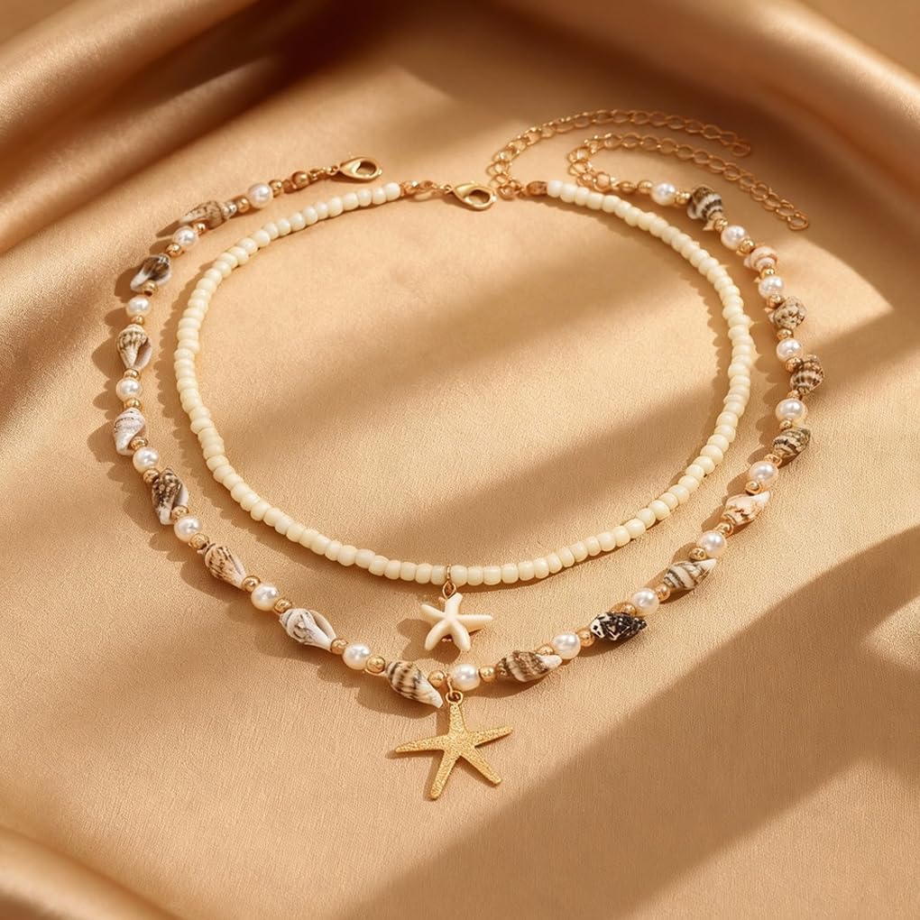 Starfish Conch Layered Necklaces for Women Charm Pearl Beaded Choker Necklace Boho Starfish Fish Pendant Necklaces Trendy Beach Jewlery Accessories (White1)
