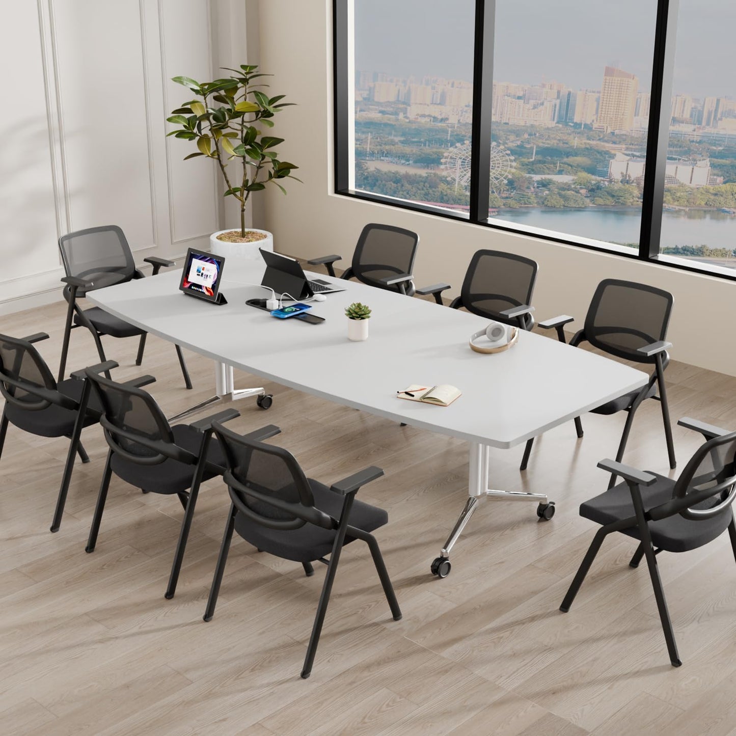7.5 FT Large Folding Conference Table,Training Seminar Tables for 6-8 People,Built-in Wireless Charger and Power Box,Metal Legs Rolling Training Table for Office (4, White, 90.5"L×35.4“W×29.5"H)