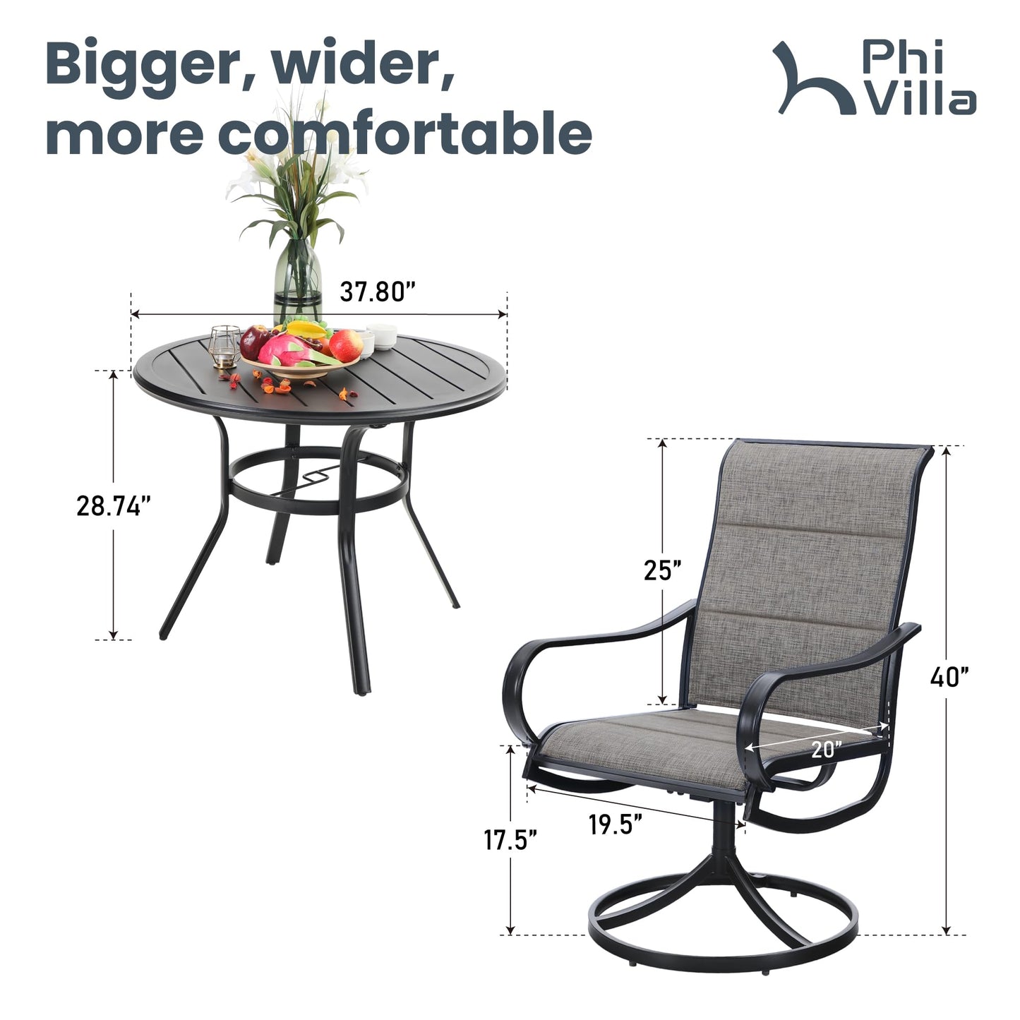 PHI VILLA Patio Dining Set 5 Piece, 4 Padded Textilene Swivel Patio Chairs and 1 Round Metal Table with 1.57" Umbrella Hole, All Weather Resistant for Lawn Garden