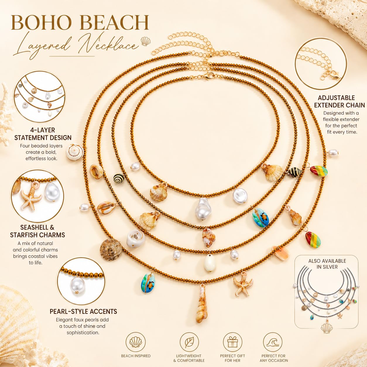Boho Seashell Necklace For Women, Handmade Multi Layer Beaded Shell Starfish Conch Pearl Charm Pendant Necklaces Summer Beach Fashion Gifts Jewelry (4Pcs Silver)