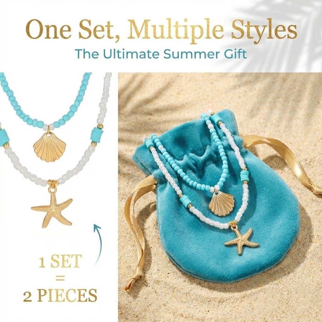 Tazimo 2Pcs Shell Starfish Layered Necklaces,Boho Beach Summer Necklace Gold Pendant Tropical Necklace Blue&White Beaded Necklaces Jewelry Gifts for Women (A:Blue&White)