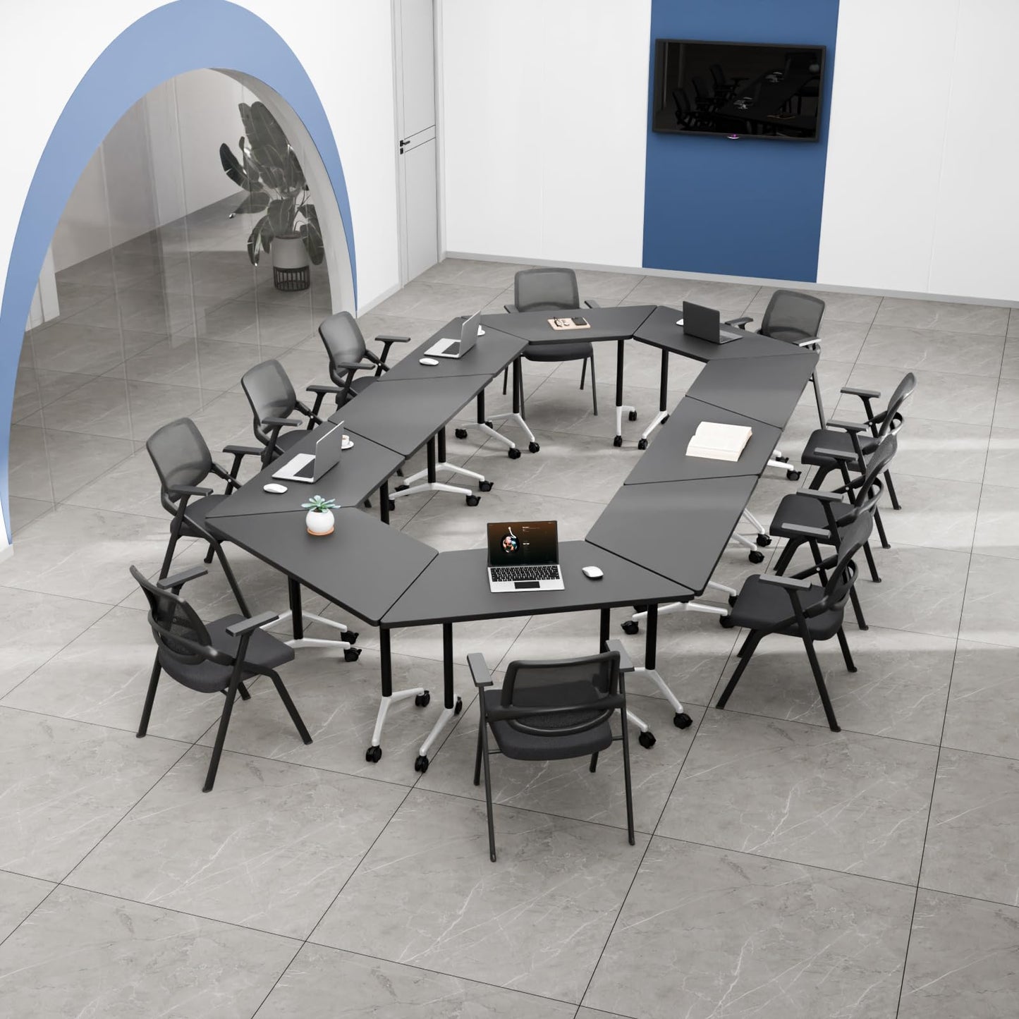 4 Pack Folding Conference Table,T-Shaped Conference Room Tables with Wheels, 47.2 in Modern Conference Table,Mobile Modular Seminar Meeting Desk for Classrooms,Office & Seminar (4, Dark Gray)
