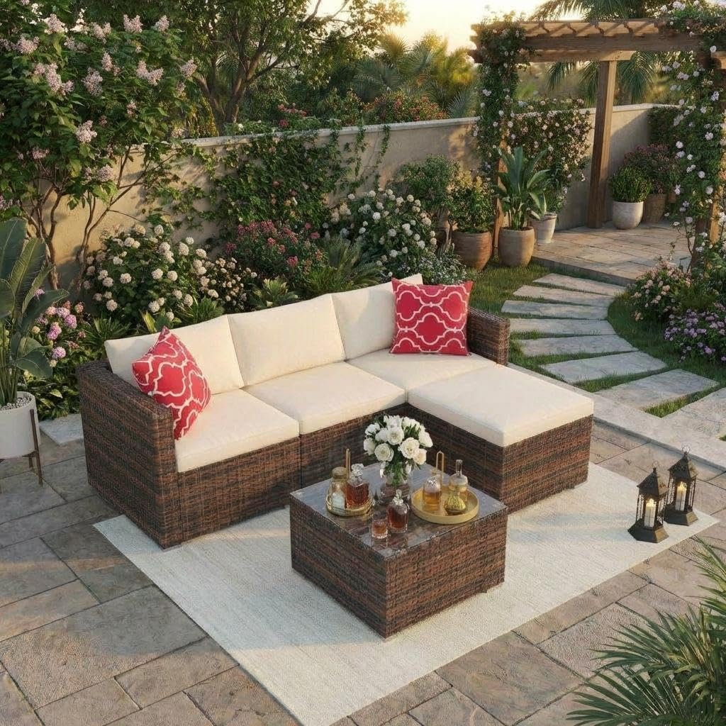 GarveeTech 5 Pieces Patio Furniture Set, All Weather Wicker Rattan Sectional Sofa, Outdoor Patio Furniture Set with Washable Cushions for Garden, Backyard, Porch, Poolside (Brown&Beige) 
