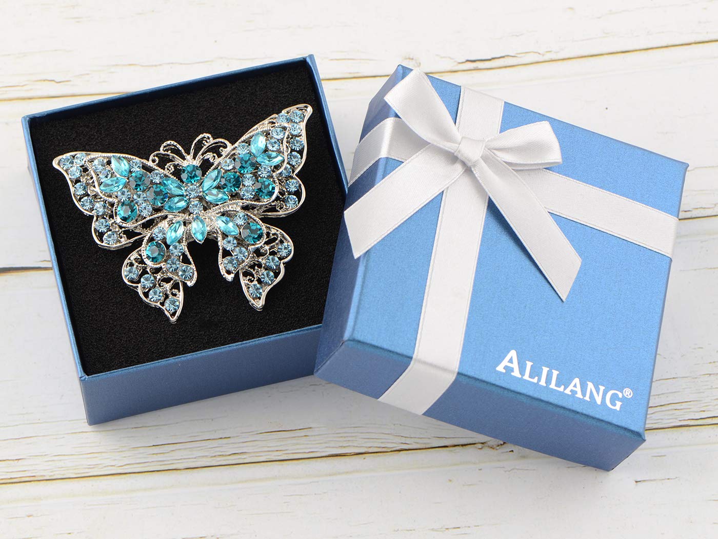 ALILANG Silvery Tone Crystal Rhinestone Hollow Out Butterfly Brooch Pin, Blue