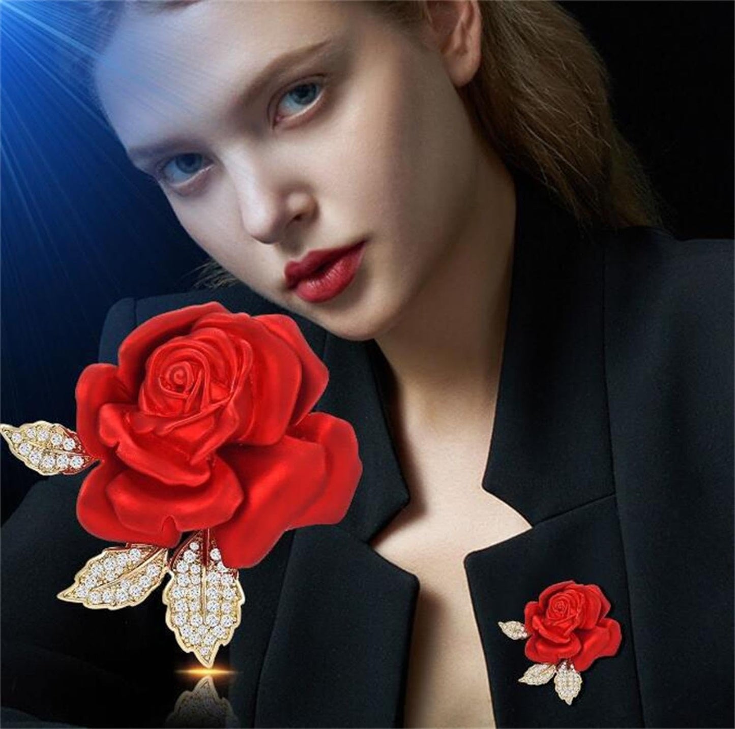 Rose Flower Brooch Elegant Red Rhinestone Crystal Rose Lapel Pin Dress Accessories Jewelry-red B