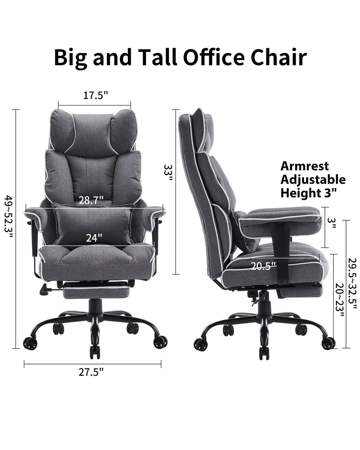 Efomao Fabric Office Chair, Big and Tall Office Chair 400 lb Weight Capacity, High Back Executive Office Chair with Foot Rest, Ergonomic Office Chair for Back Pain Relief, Gray