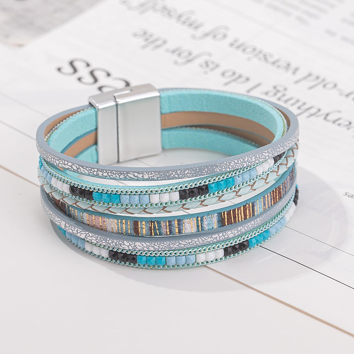 FANCY SHINY Boho Leather Wrap Bracelets Trendy Layered Bracelets with Magnetic Clasp Strackable Bohemian Cuff Jewelry Gifts for Women(Teal)