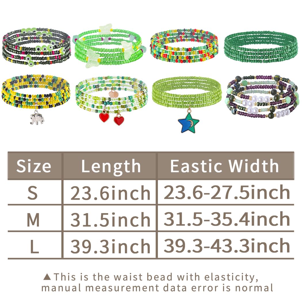 ELABEST 24-39inch African Waist Beads for Women 8Pcs Elastic Belly Beads Colorful Beaded Waist Jewelry Accessories Body Chain (Green, 39.3inch/100cm)
