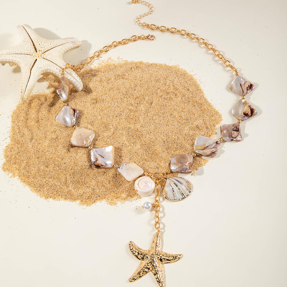 LKingel Gold Starfish Necklaces for Women Beaded Mermaids Starfish Shell Pearl Choker Pendant Necklaces Chunky Beach Necklace Mermaid Charm Necklace Summer Beach Jewelry for Women Gold