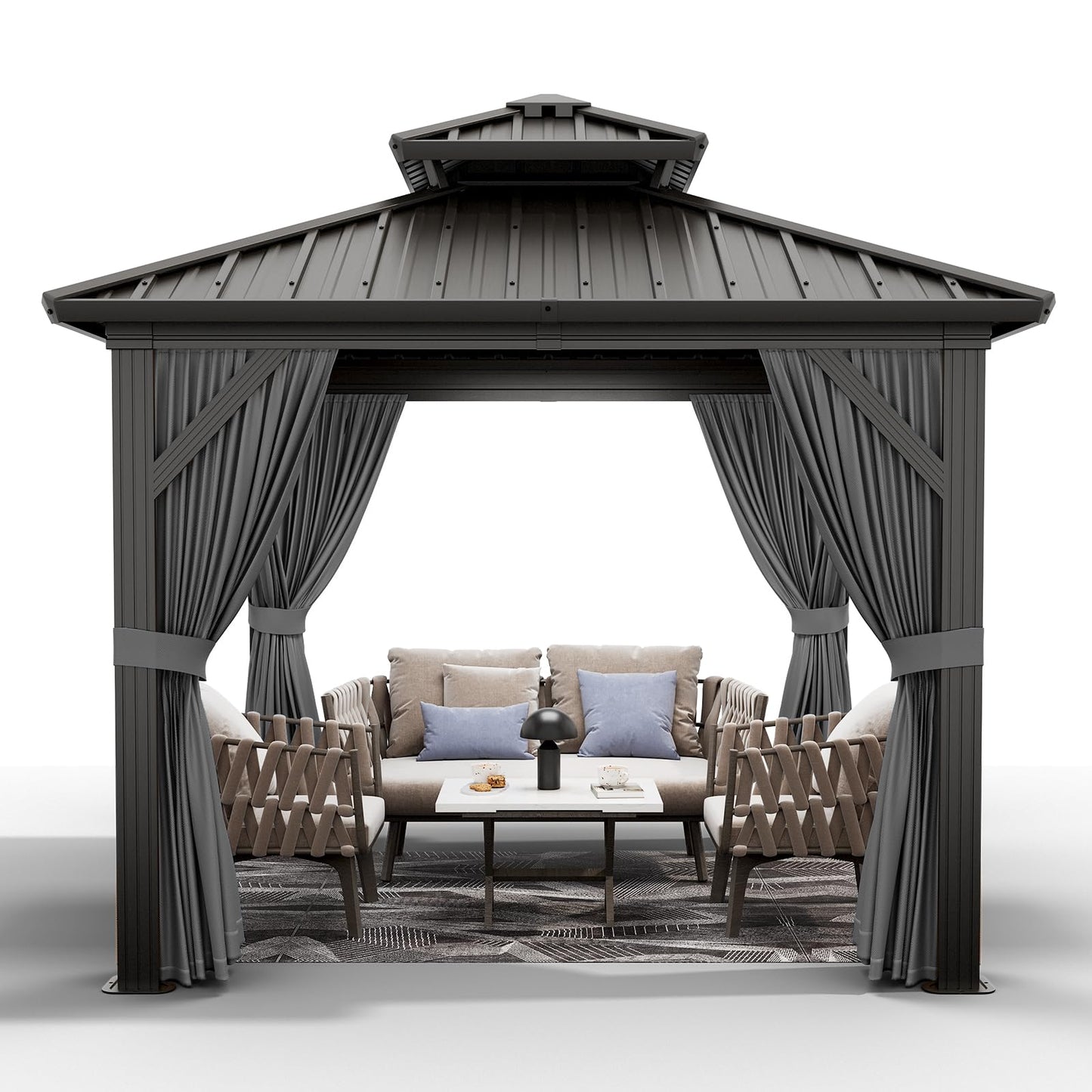 PeakPursuit 10'x10' Hardtop Gazebo, Heavy Duty Aluminum Permanent Hardtop Gazebo Outdoor Pavilion with Curtains and Netting for Garden