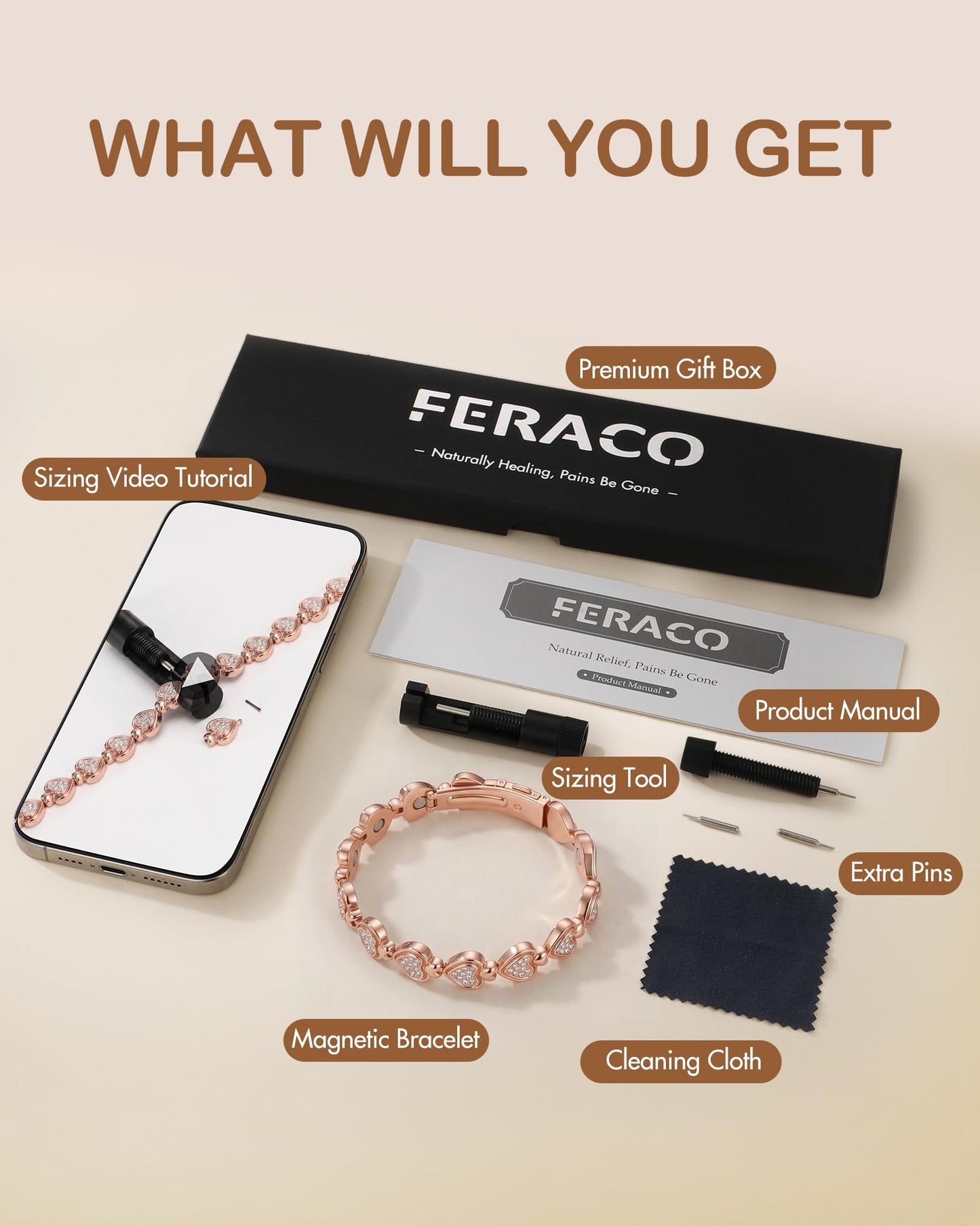 Feraco Pure Copper Bracelets for Women, Ultra Strength Magnetic Bracelet for Women with 3800 Gauss Magnet & Dazzling Austrian Crystals Stone, Heart-Shaped (Rose Gold, 7.09 inches (18cm))