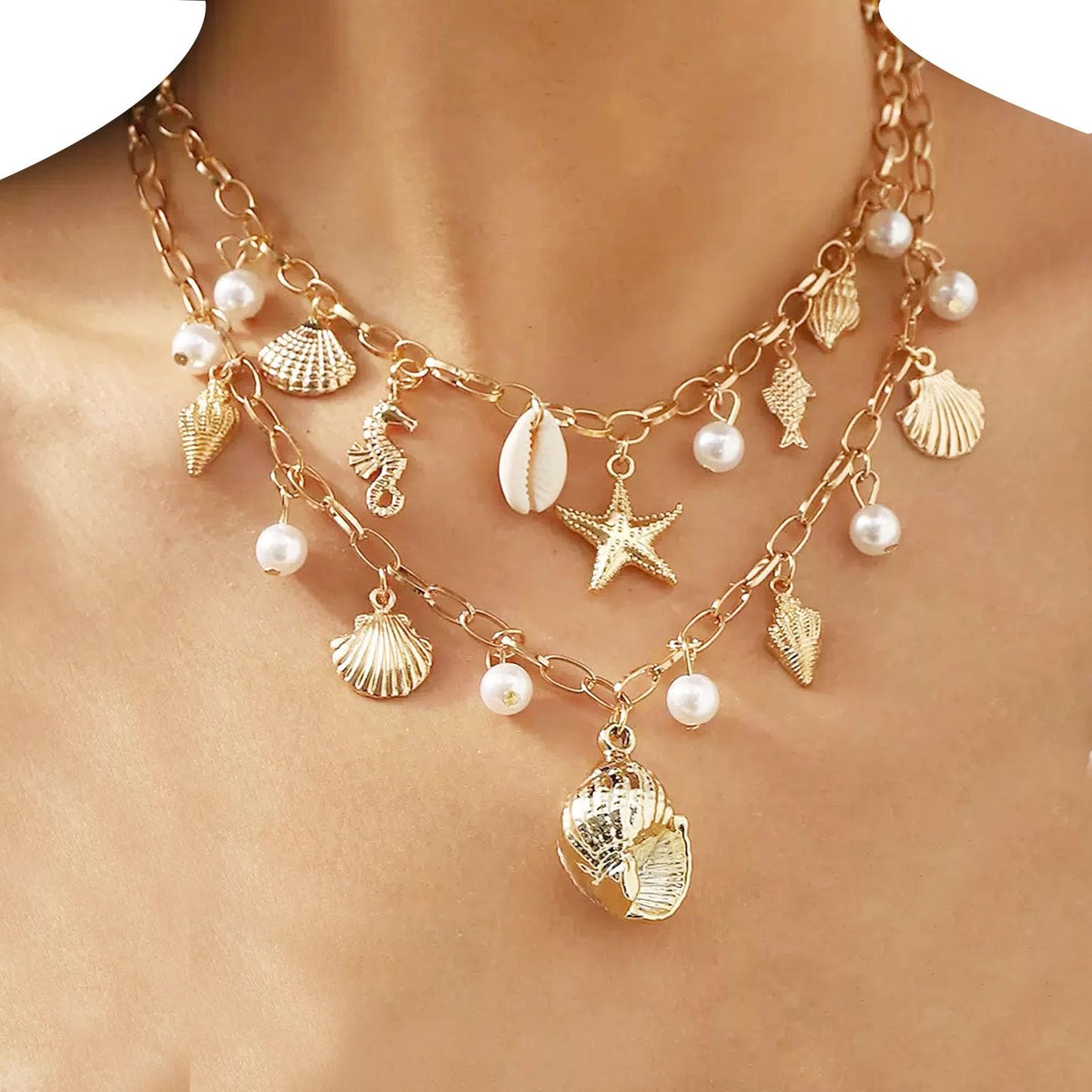 Snogisa Seashell Necklace for Women Adjustable seaside vacation necklace Summer Beach Necklace,Beach Vacation Essentials Halloween Costumes Ocean Jewelry Accessories for Women,Boho Hippie, Christmas Gift for Women (2 layers to wear)
