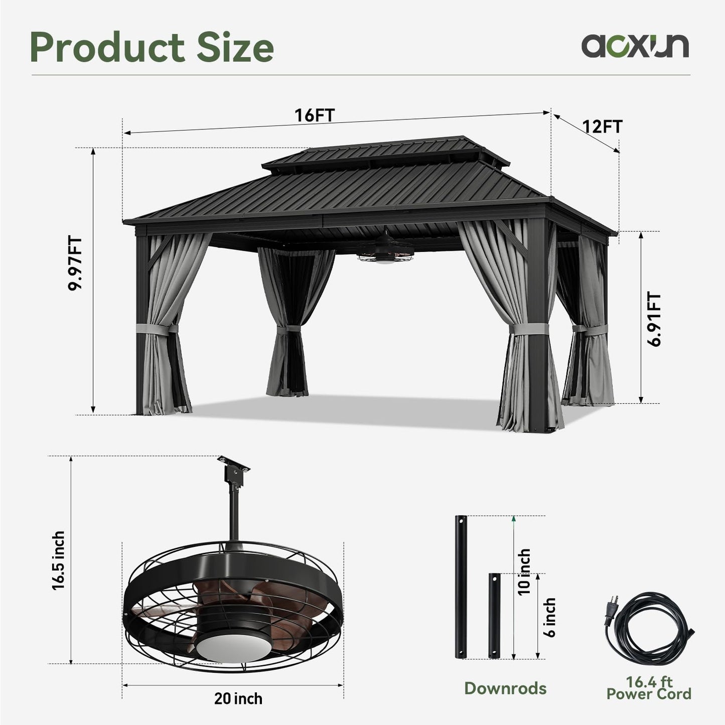 Aoxun 12'x16' Hardtop Gazebo, Aluminum Frame Canopy with Double Galvanized Steel Roof, Outdoor Metal Pavilion with Netting Curtains and 20 inch Ceiling Fans with Lights for Backyard, Patio and Deck
