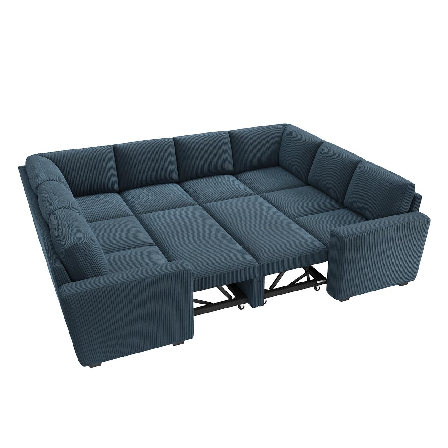 HONBAY Modular Sectional Couch with Pull Out Bed, Corduroy Sleeper Sofa with Storage Seats, U Shaped Sectional Couches for Living Room, Blue
