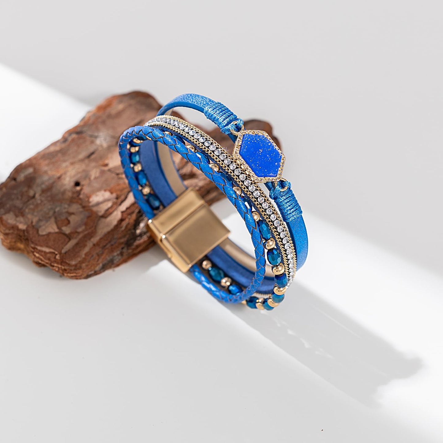 FANCY SHINY Crystal Beaded Leather Wrap Bracelet Stackable Boho Jewelry for Women Trendy Braided Resin Stone Bangle Cuff with Magnetic Clasp(Blue)