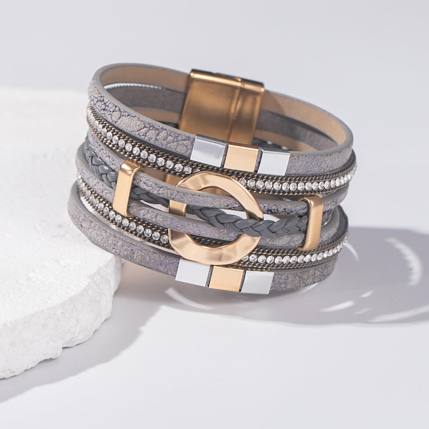 FANCY SHINY Boho Leather Wrap Bracelets Circle Square Bead Braided Handmade Stackable Bracelet Trendy Cuff Bangle for Women(Grey)