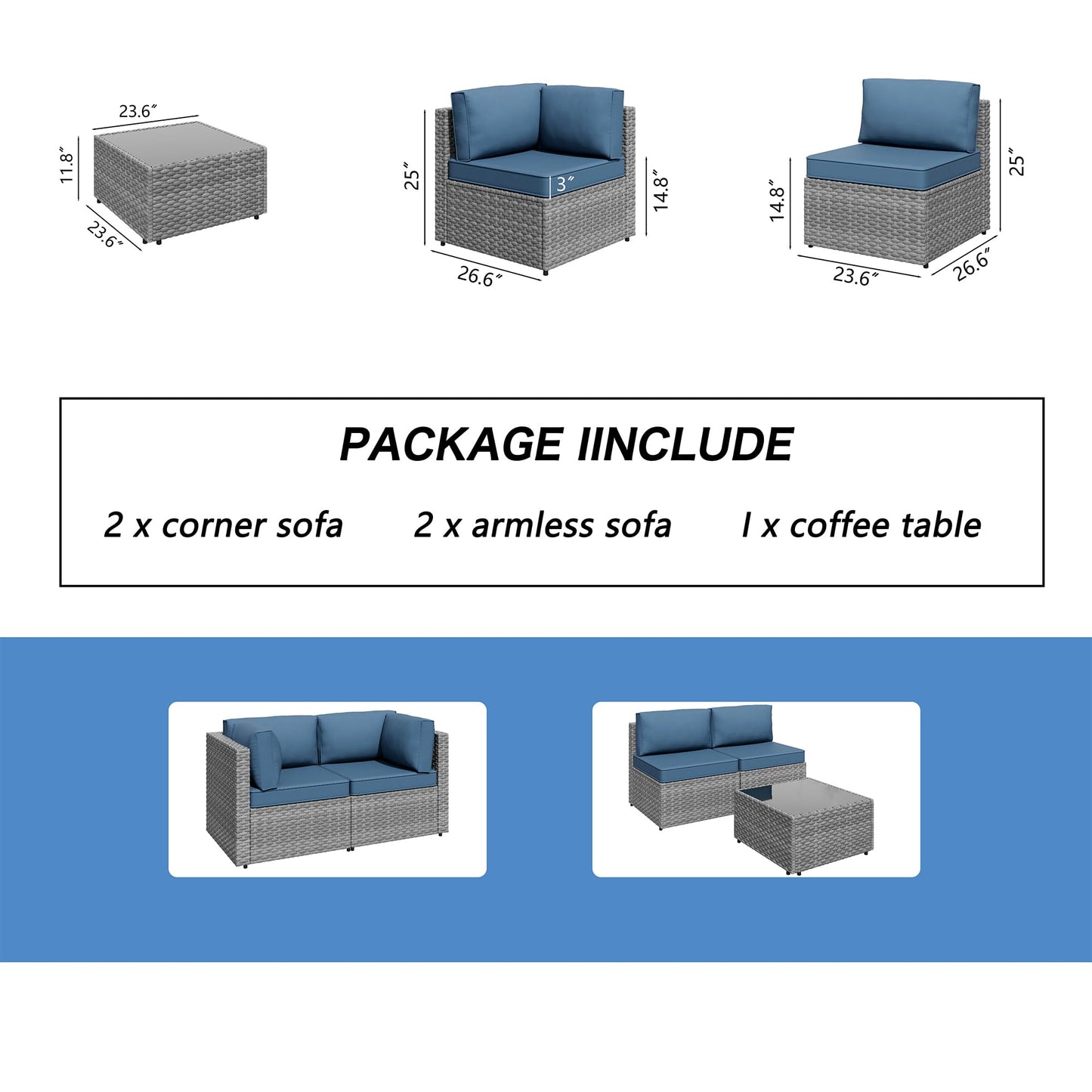 Shintenchi 5 Pieces Outdoor Patio Furniture Sets, Patio Sectional Sofa Couch, Gray PE Wicker Furniture Modular Patio Conversation Sets Patio Sofa with Washable Cushions & Table(Aegean Blue)