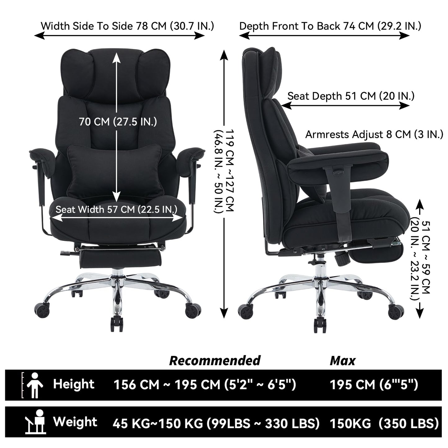 Efomao Big and Tall Office Chair with Footrest - Breathable Mesh Executive Chair, Heavy Duty Computer Desk Chair for Home Office, Ergonomic Lumbar Support & Reclining Mesh Gaming Chair, Black