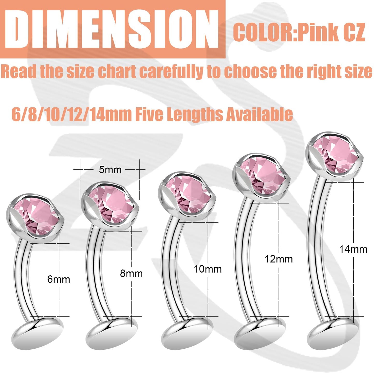 ZS ASTM F136 Titanium Belly Button Ring, 14G Cubic Zirconia Navel Jewelry, 6/8/10/12/14MM Internally Threaded Long Bar Navel Barbell Stud Flat Back Belly Piercing (Pink,L:6mm)