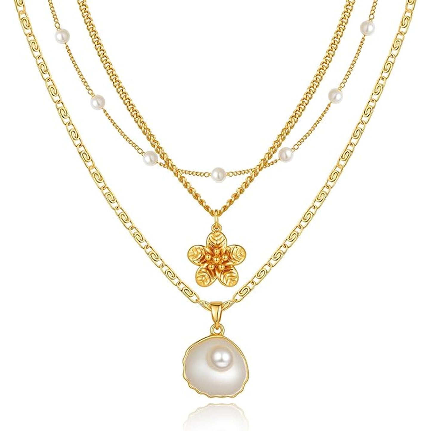 KummerSaprk Seashell Necklace Summer Vacation Jewelry for Women Gold Beachy Necklace Stack Starfish Flower Cowrie Sea Shell Pendant Necklaces Summer Essentials Accessories Gifts