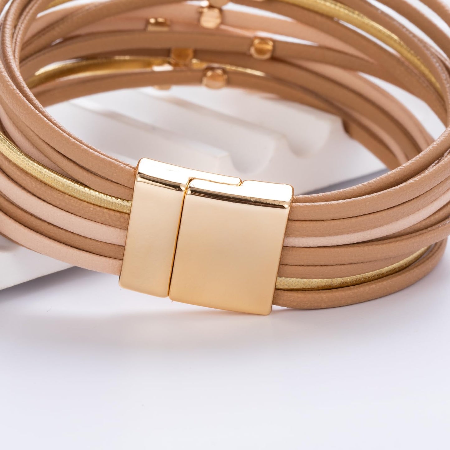 FANCY SHINY Beaded Leather Wrap Bracelets Cute Boho Stackable Bangle Cuff with Magnetic Clasp Layered Trendy Jewelry for Women(Nude)
