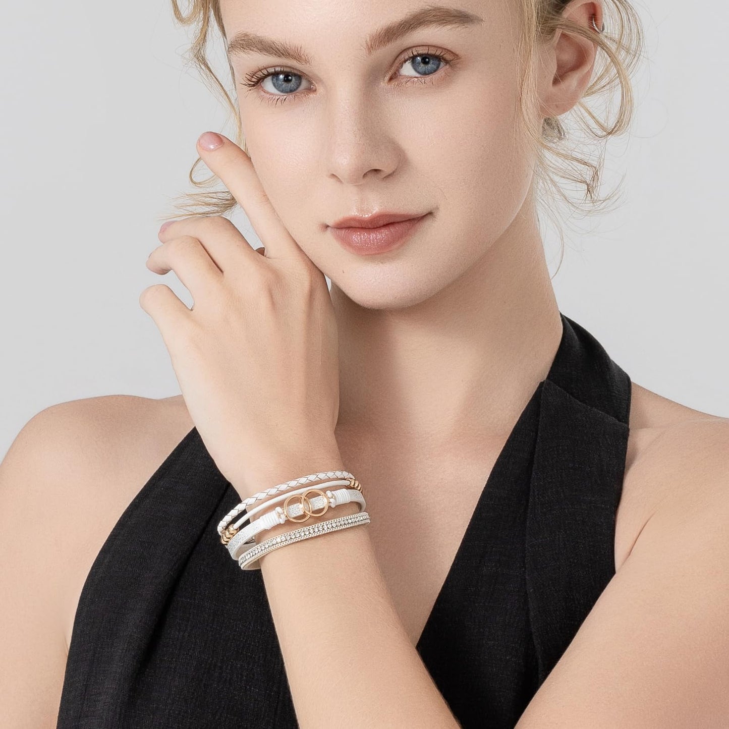 FANCY SHINY Boho Leather Wrap Bracelet Stackable Beaded Infinity Chunky Cuff Bracelets with Magnetic Clasp Western Hippie Outfits Jewelry Gifts for Women(White)