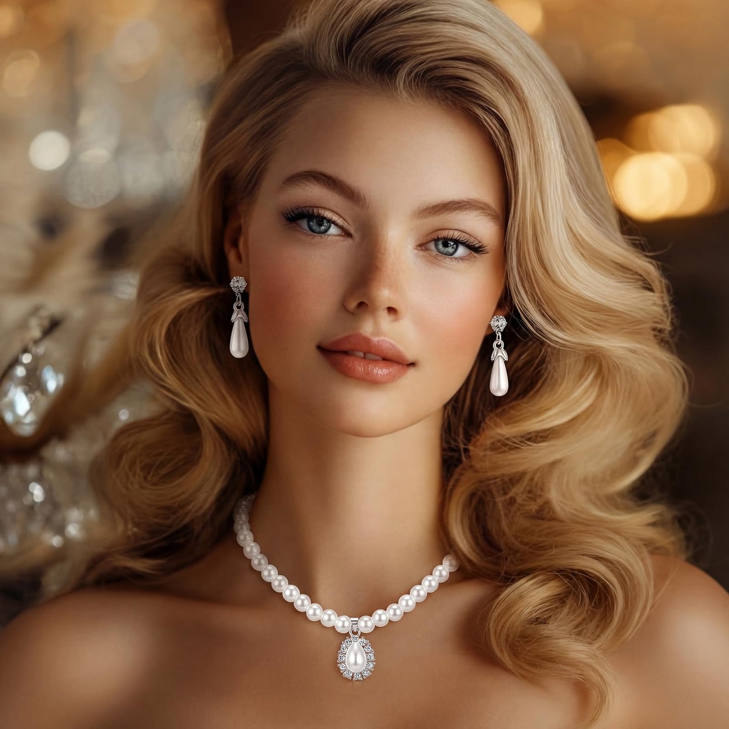 Glenmal Pearl Rhinestone Jewelry Set for Women Pearl Necklace Bracelet Earrings for Wedding Birthday Bridal Shower Tea Party(5 Pcs,Refined Style)