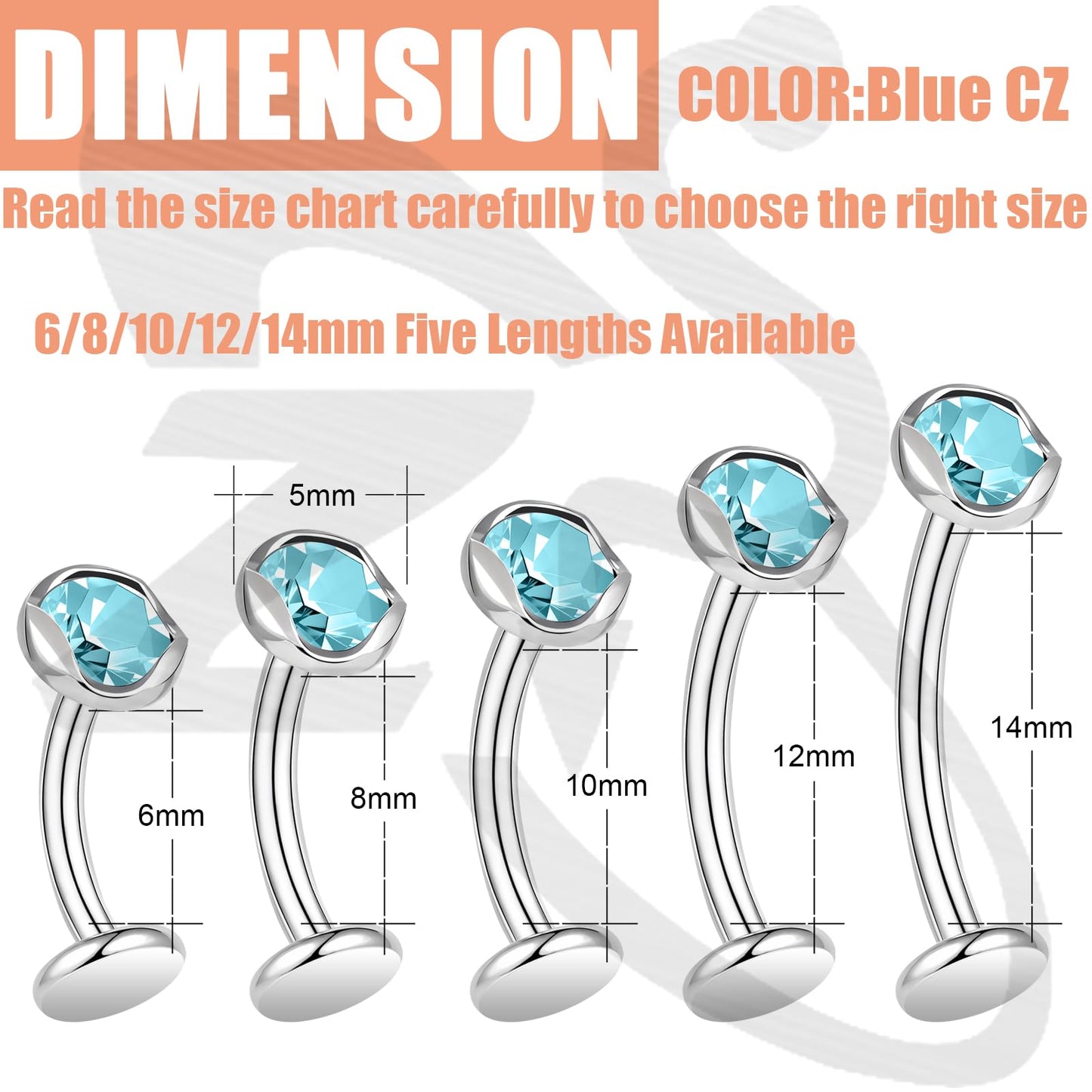 ZS ASTM F136 Titanium Belly Button Ring, 14G Cubic Zirconia Navel Jewelry, 6/8/10/12/14MM Internally Threaded Long Bar Navel Barbell Stud Flat Back Belly Piercing (Blue,L:14mm)