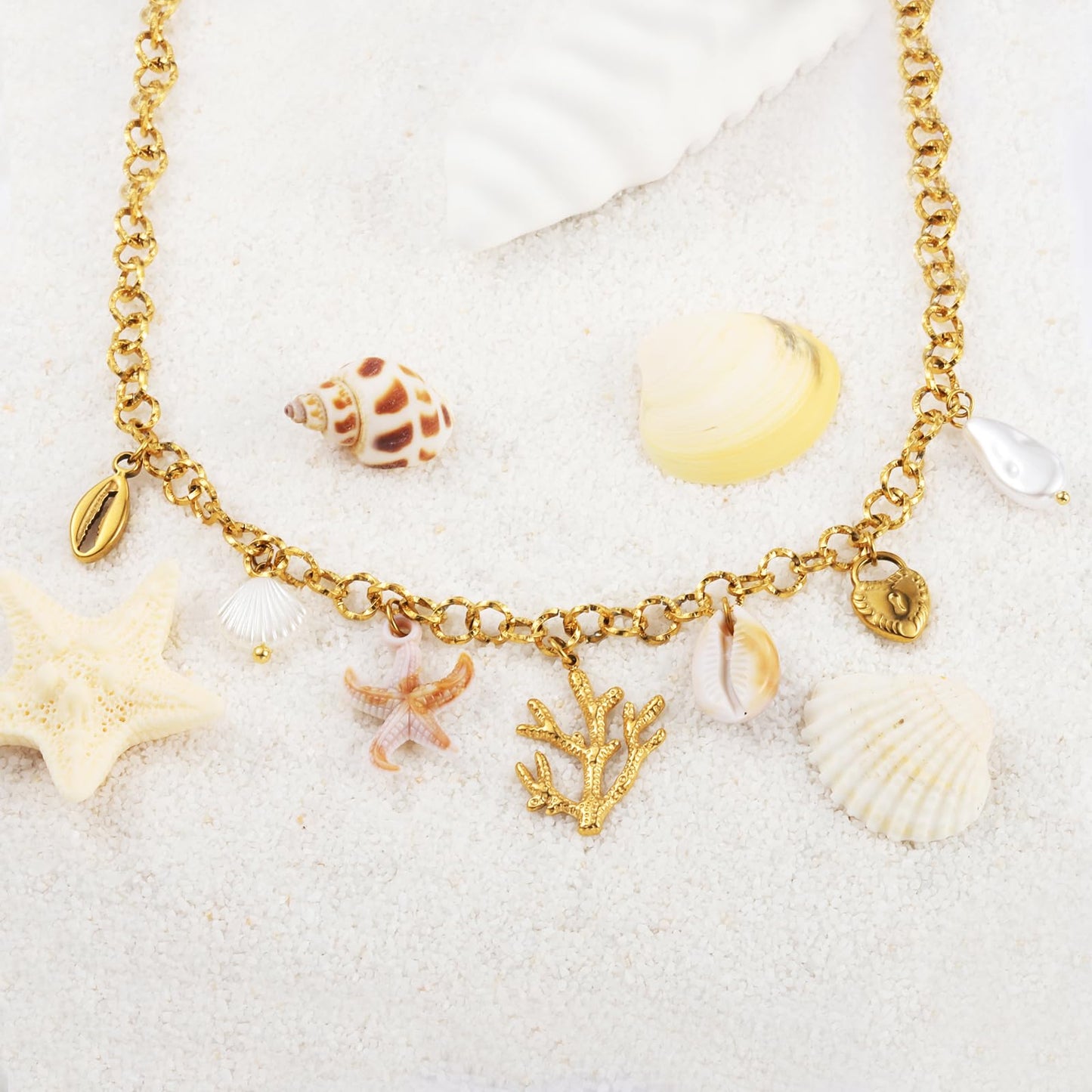 LCTrusttmor Gahna Coral Necklace for Women, 18K Gold Plated Pearl Heart Shell Starfish Charm with Adjustable Choker Necklaces for Women, Summer Beach Jewelry Gifts