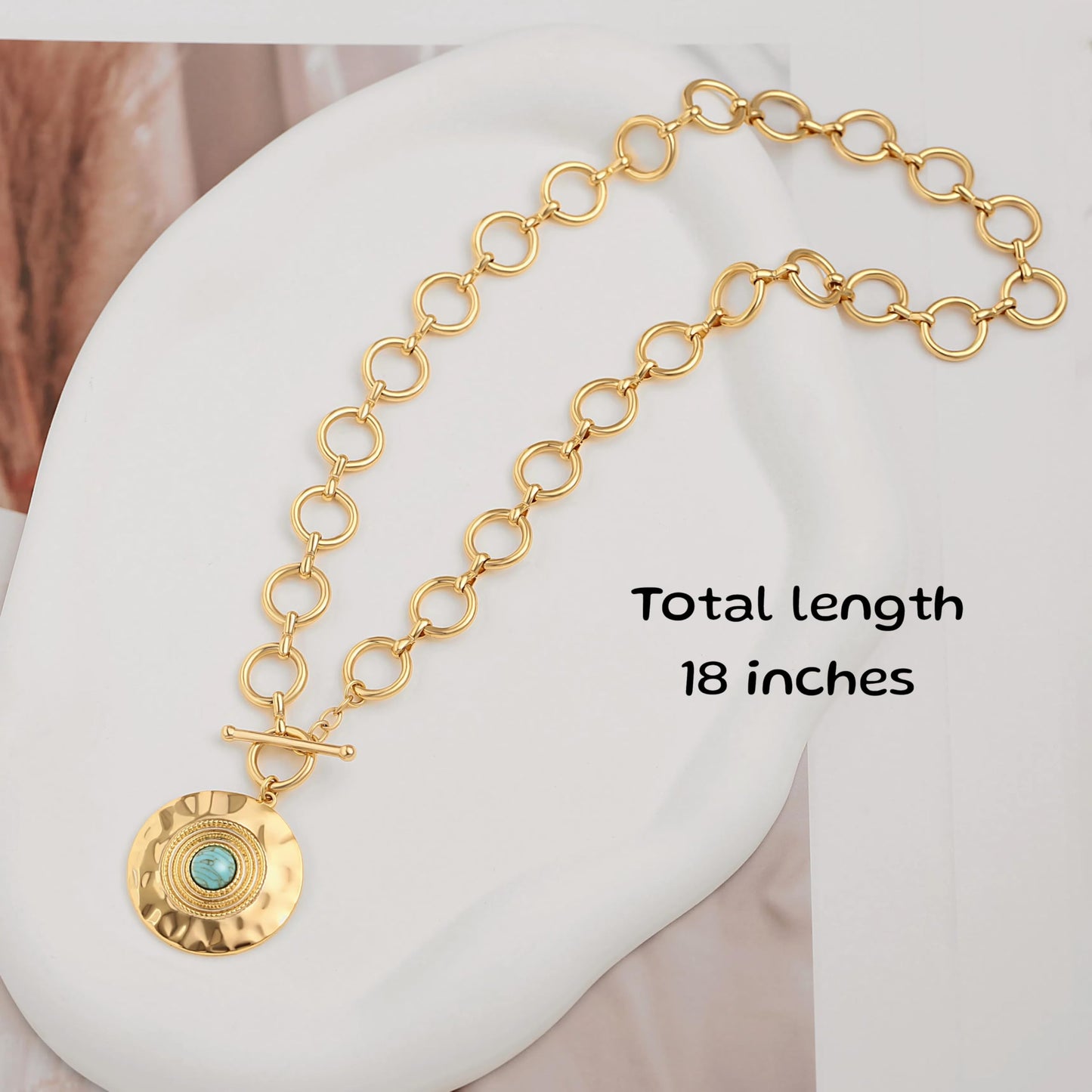 PEARLADA Chunky Gold Plated Large Pendant Necklace, Statement Coin Necklace with Toggle Clasp
