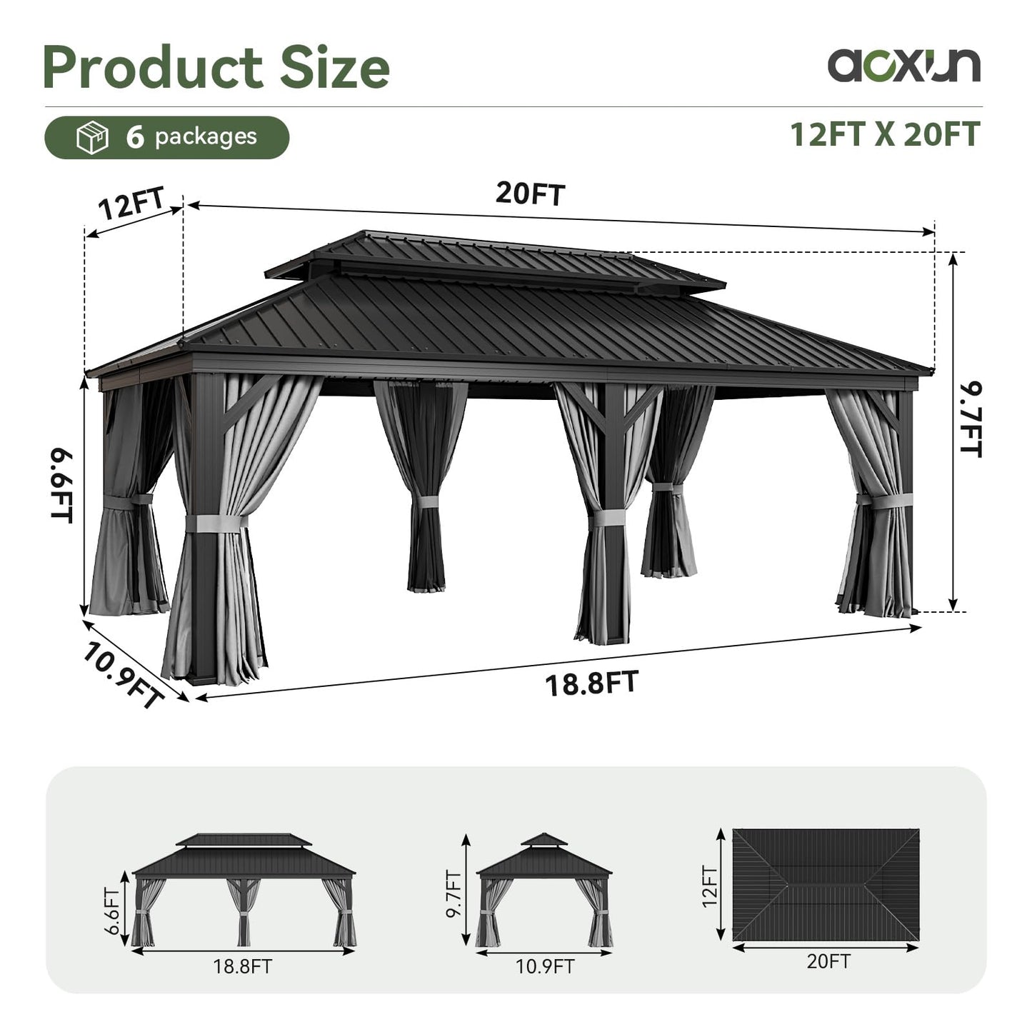 Aoxun 12' X 20' Hardtop Gazebo with Drainage System, Aluminum Outdoor Gazebo with Galvanized Steel Double Roof, Patio Permanent Metal Pavilion with Netting, for Garden, Deck, Grey