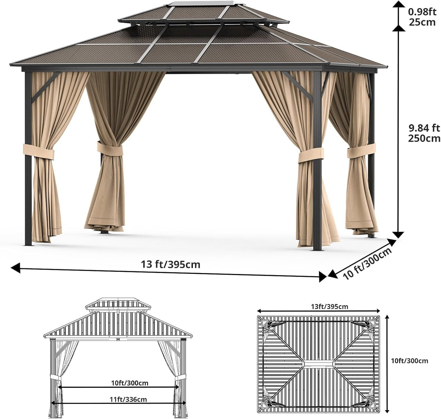 13'X10' Hardtop Gazebo, All-Weather Aluminum Frame Outdoor Canopy with Double Polycarbonate Roof, Permanent Outdoor Gazebo with Netting & Curtains for Garden, Lawns, Patio, Khaki.